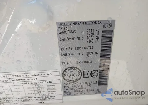 2020 Nissan Rogue S Intelligent Awd/Sl Intelligent Awd/Sv Intelligent Awd z USA, uszkodzony, nr VIN 5N1AT2MV0LC788712